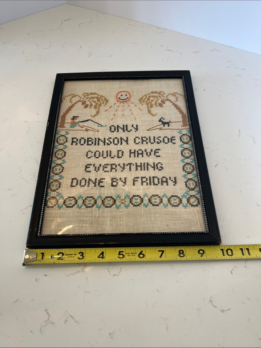 Vintage Framed Cross Stitch Sampler Robinson Crusoe Quote Island Folk Art - Picture 8 of 10